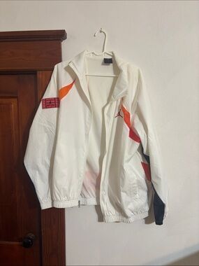 Jordan White Windbreaker with Orange and Red Accents
